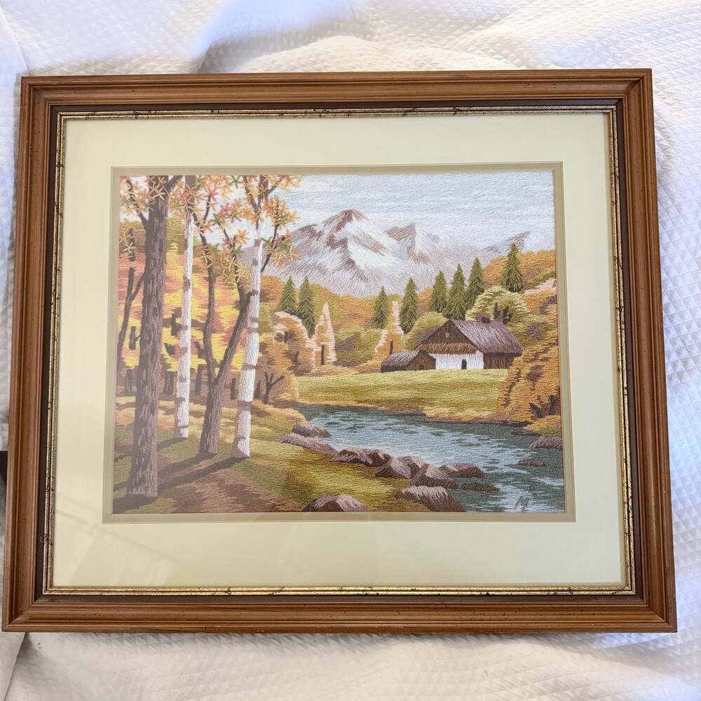 Large Vintage Hand‑Embroidered Mountain Landscape by Margaret Larmand – Professi